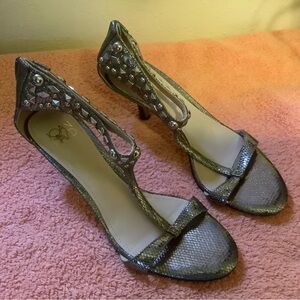 Joan & David Silver Strappy Heels with Studded Details